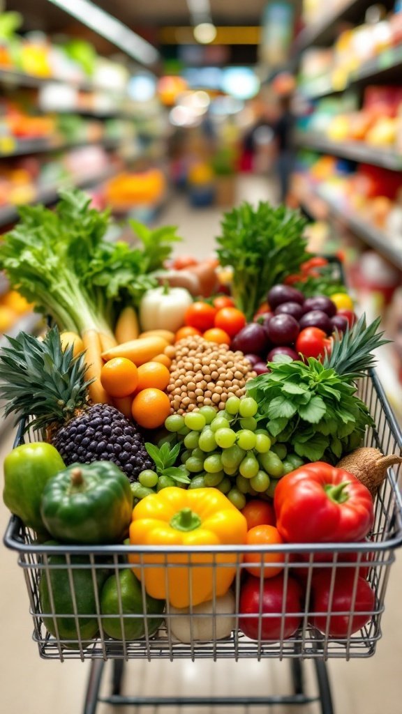 A shopping cart filled with fresh vegetables, fruits, and plant-based products in a grocery store aisle.