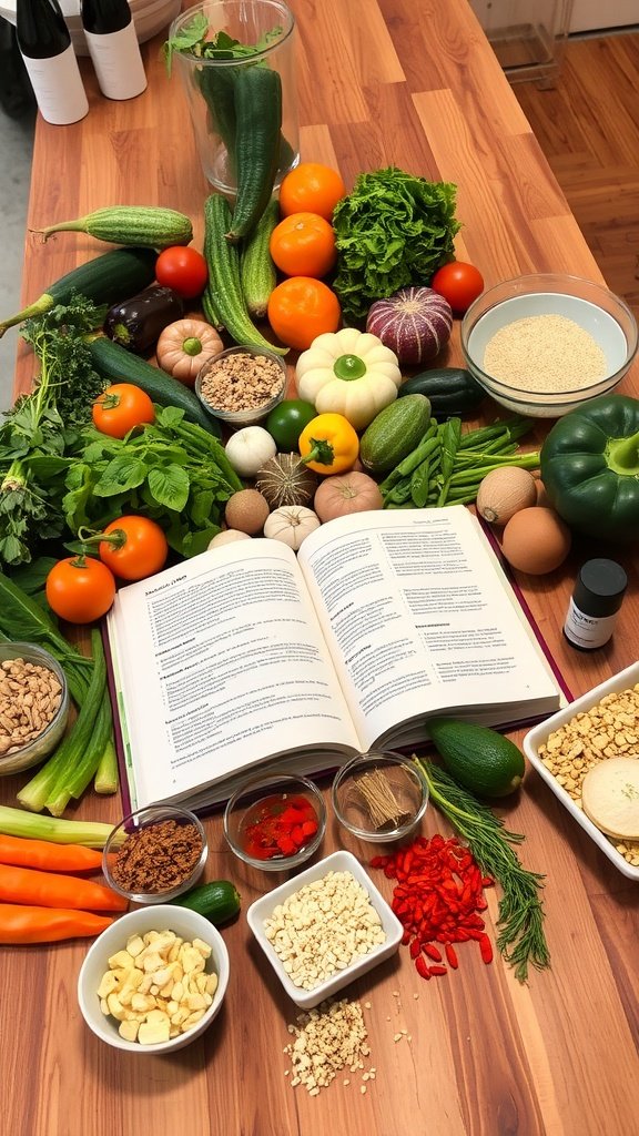 A vegan cookbook open to a page with various vegan ingredients and recipes, surrounded by fresh vegetables.