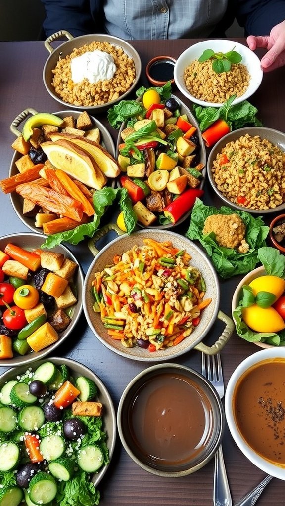 A vibrant plate of colorful vegan salad with carrots, peppers, lettuce, and herbs.