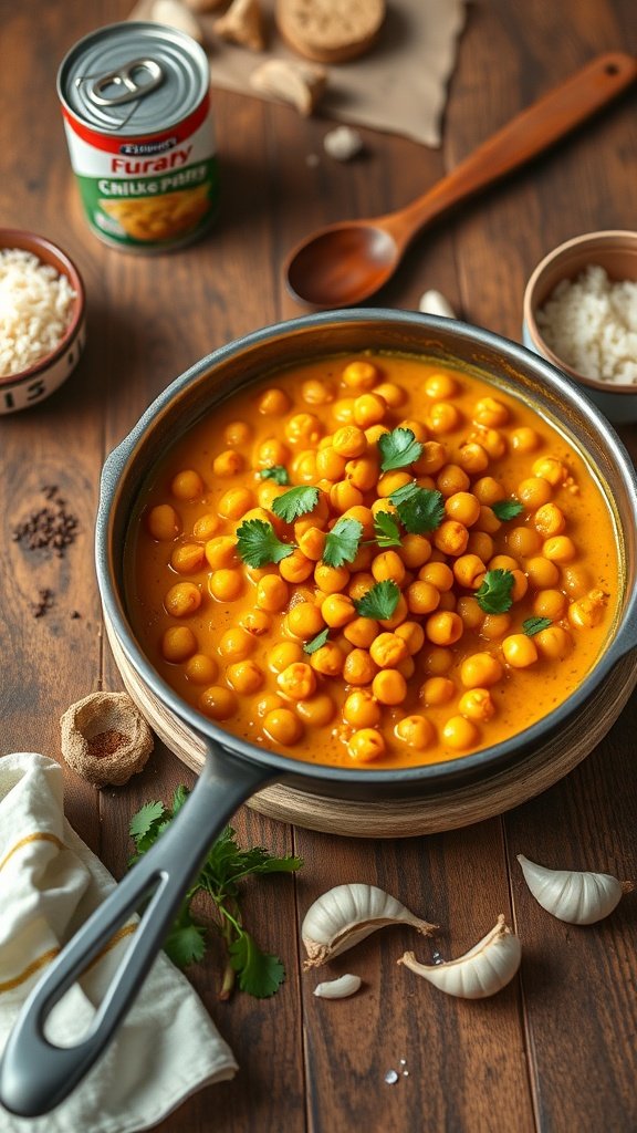A can with chickpeas peeking out, ready for a delicious curry.