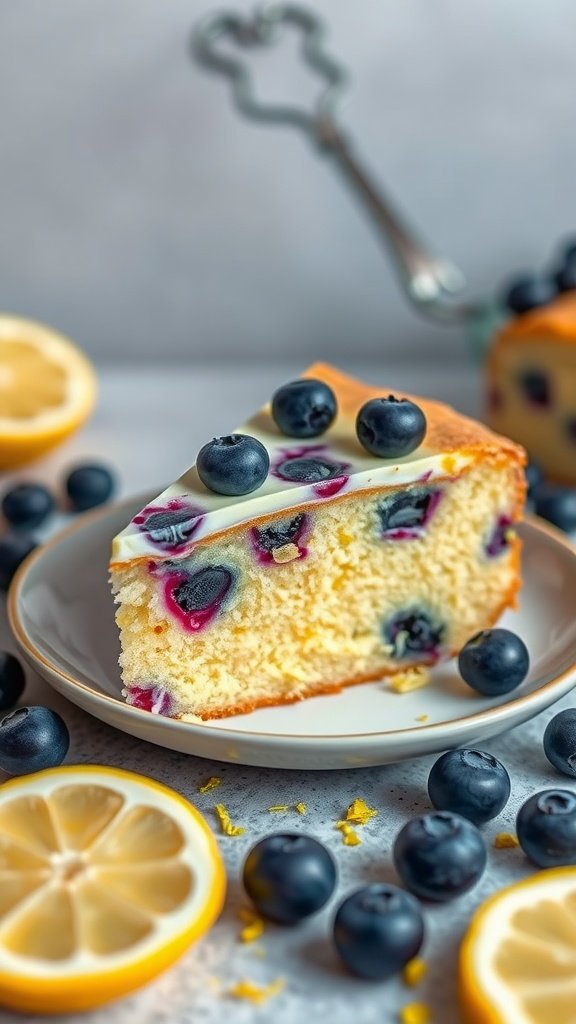 A slice of lemon blueberry vegan cake on a plate, surrounded by blueberries and lemon slices.