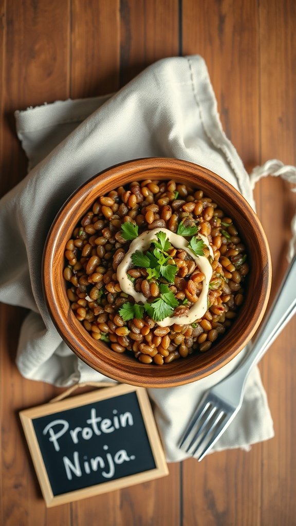 A close-up of lentils and fresh cilantro on a textured surface.