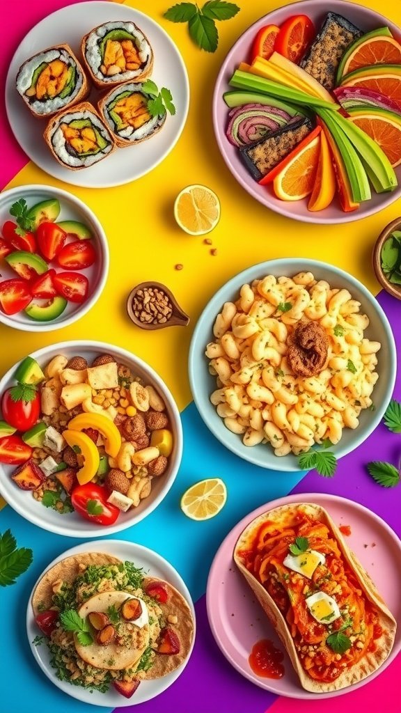 A colorful vegan dish featuring a variety of vegetables, noodles, and vegan mac and cheese.