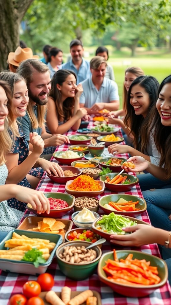 A person enjoying a bowl of hummus at a table with colorful vegetables.