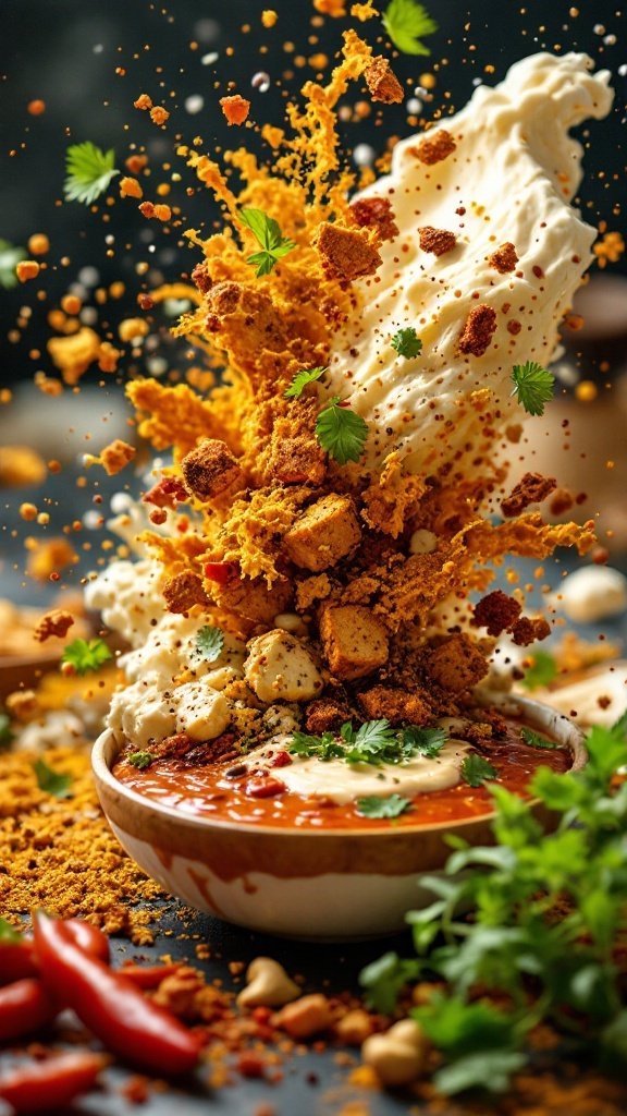 A colorful layout of spices and sauces with a focus on flavor in vegan food.