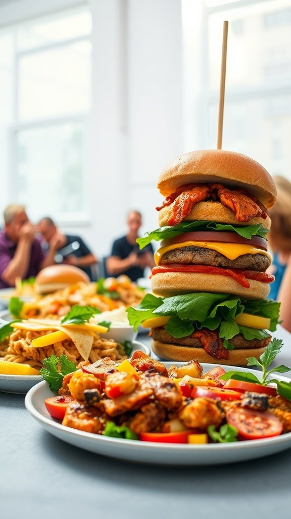 A towering vegan burger and colorful vegan dishes on a table.