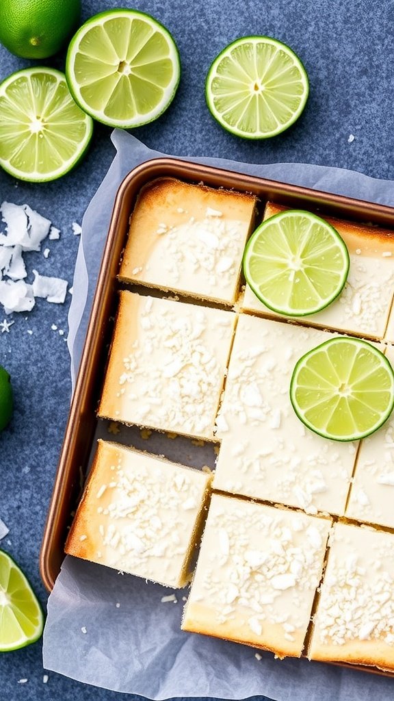 A tray of no-bake coconut lime bars garnished with lime slices.