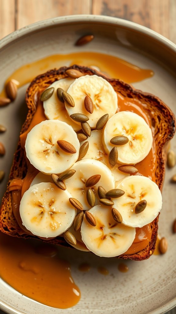 Nut butter toast topped with sliced bananas and seeds.