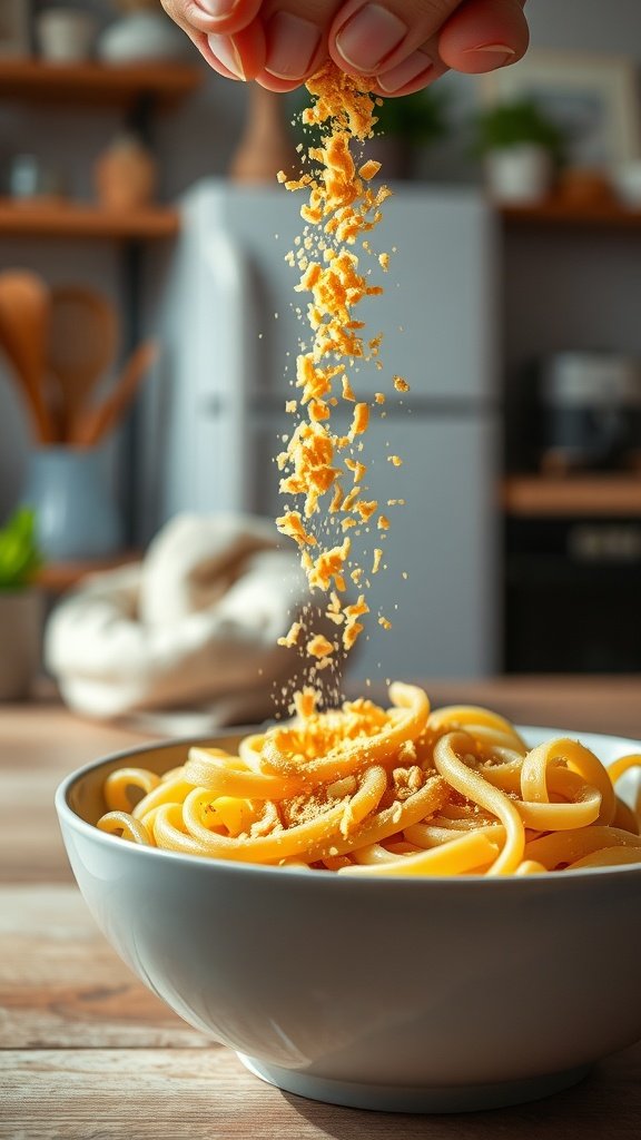 A bowl of pasta topped with nutritional yeast and popcorn, with a sprinkle effect in the air.