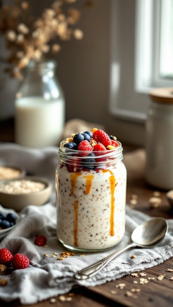 A jar of overnight oats with toppings beside fresh vegetables.