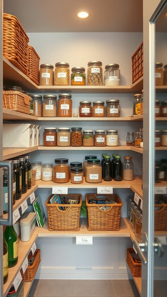 A well-organized vegan pantry with glass jars and labeled bins