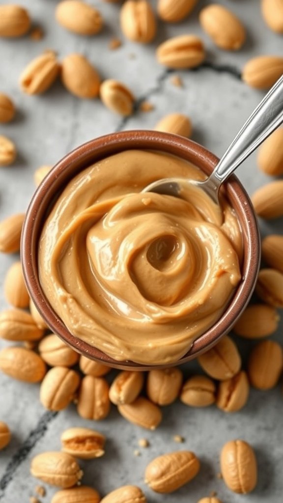 A spoonful of peanut butter above a jar and scattered almonds.