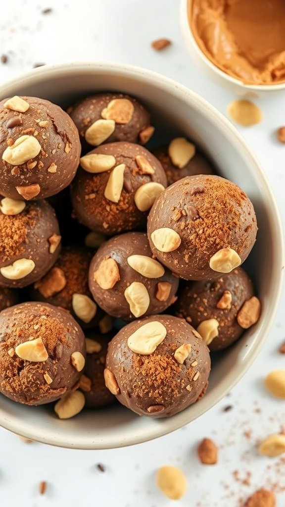 A bowl of peanut butter chocolate energy bites topped with peanuts and cocoa powder.