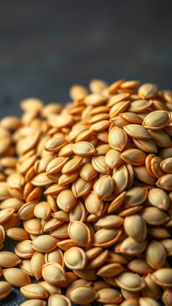 A close-up of a pile of pumpkin seeds on a dark surface.