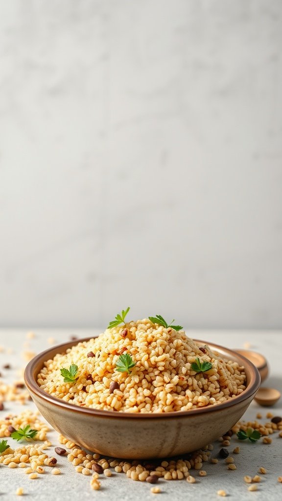 A bowl of fluffy quinoa garnished with parsley, surrounded by scattered quinoa grains.