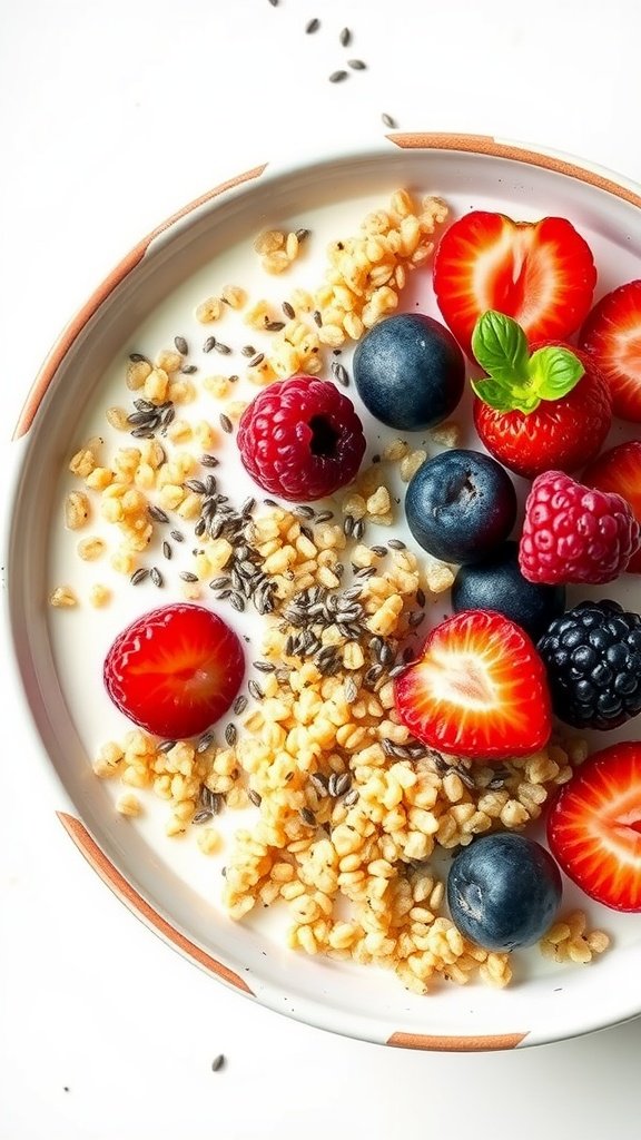A vibrant quinoa breakfast bowl topped with almond milk and fresh berries.