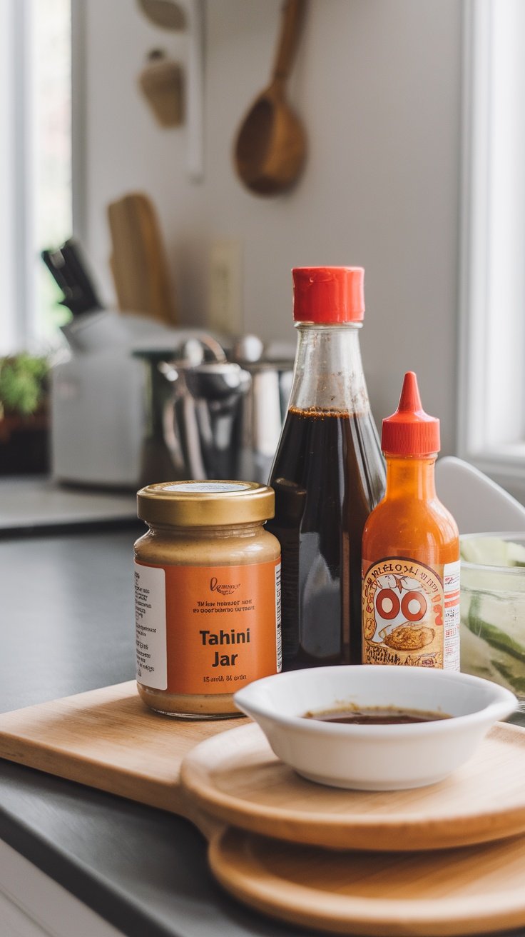A bottle of soy sauce and a bottle of sriracha on a kitchen counter, with bright natural light highlighting the scene.