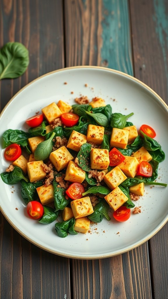A savory tofu scramble with spinach and cherry tomatoes on a plate.