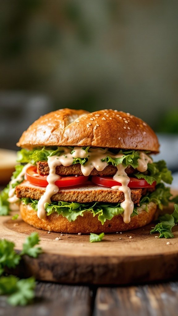 A delicious seitan sandwich with creamy toppings, sitting beside another burger and cheese slices.