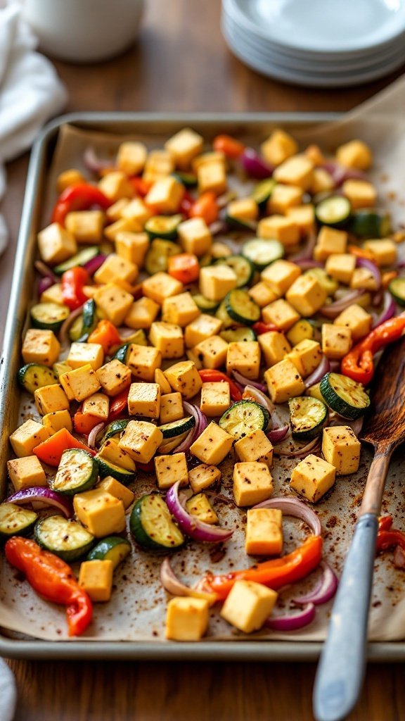 An oven showing a colorful array of dishes including tofu and veggies, highlighting a casual cooking atmosphere.