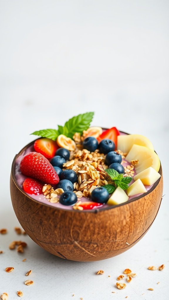 A smoothie bowl topped with fresh fruits and granola in a coconut shell