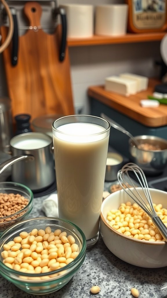 A messy kitchen scene with various bowls and a person preparing food, hinting at plant-based milk exploration.