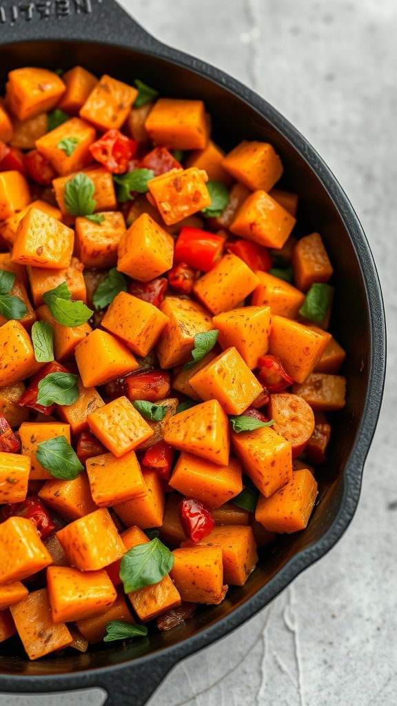 A vibrant spiced sweet potato hash with bell peppers in a skillet, showcasing vibrant colors and a hearty texture.