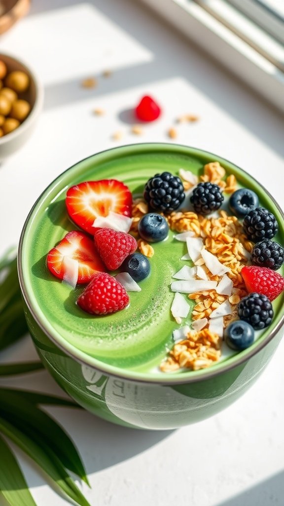 A vibrant green smoothie made with spirulina, surrounded by fresh herbs and a spoon, showcasing the colorful benefits of plant-based protein.