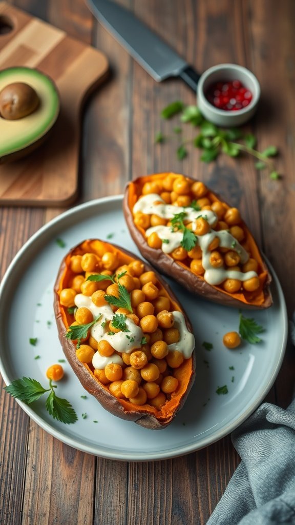 A cozy kitchen scene with a focus on a deliciously arranged meal featuring stuffed sweet potatoes.