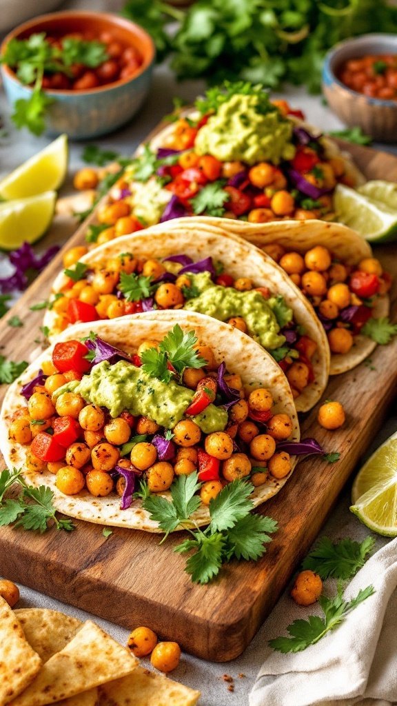 A colorful spread of vegan food including sweet potatoes, salad, hummus, and a tortilla chip.