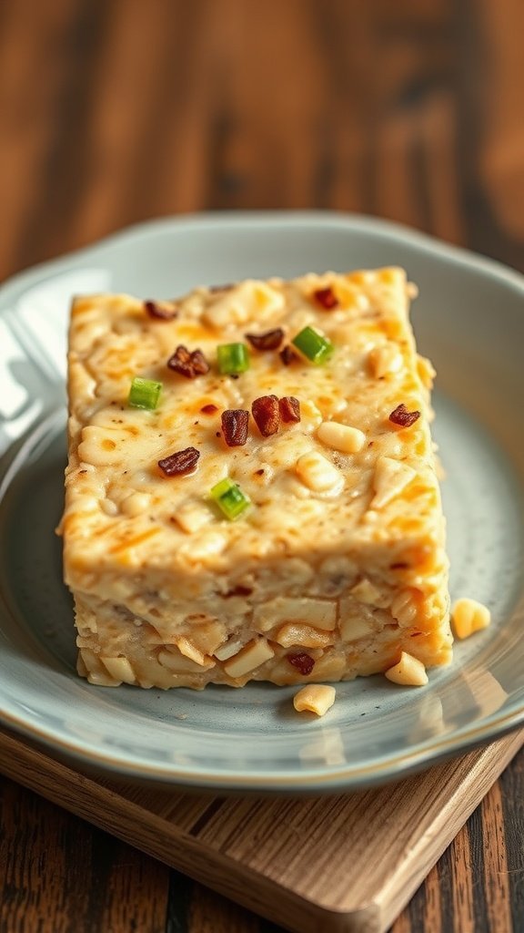 A pile of crumbled tempeh with bits of tomato and cilantro on a marble surface