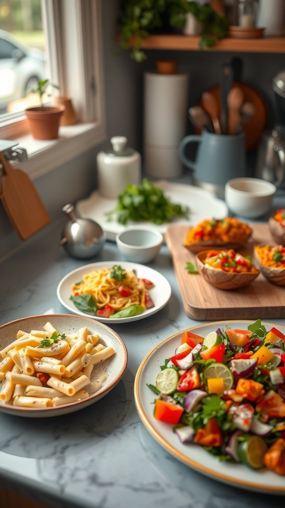 A cozy kitchen scene with plates of vegan food, including sausages, pasta, and salad on a wooden table.