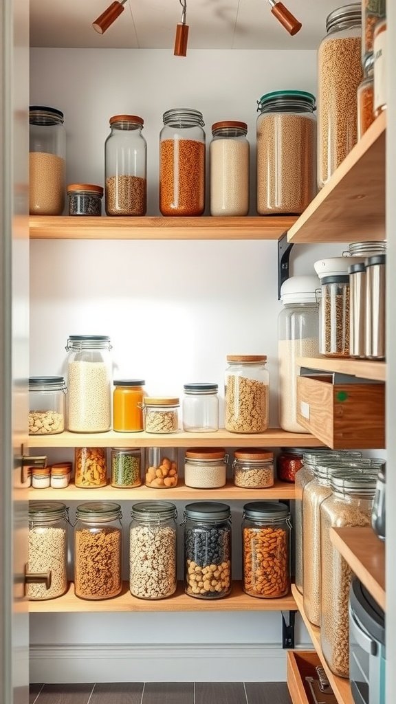 A variety of grains, legumes, and fresh vegetables displayed around rustic shelves