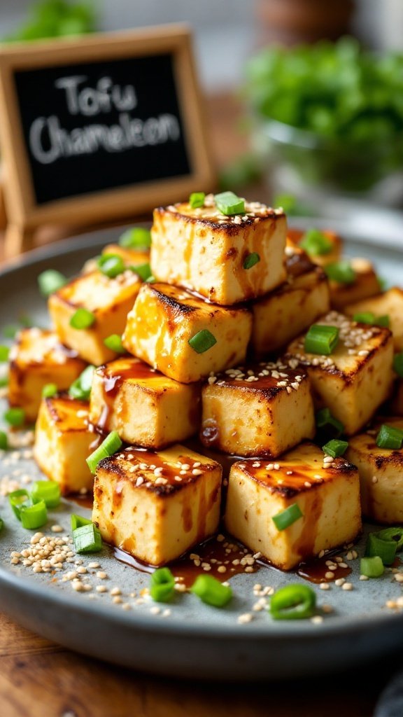 A plate of sautéed tofu cubes with green onions and fresh basil, showcasing plant-based protein.