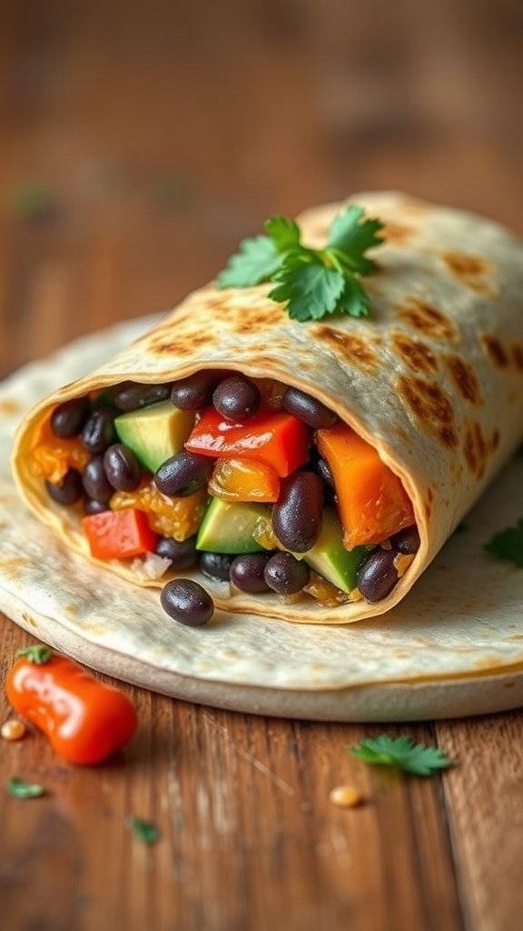 A delicious vegan breakfast burrito filled with black beans and peppers on a wooden table.