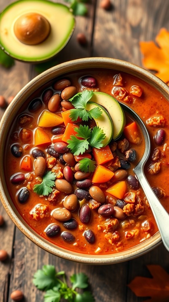 A cozy bowl of vegan chili with various beans and herbs.