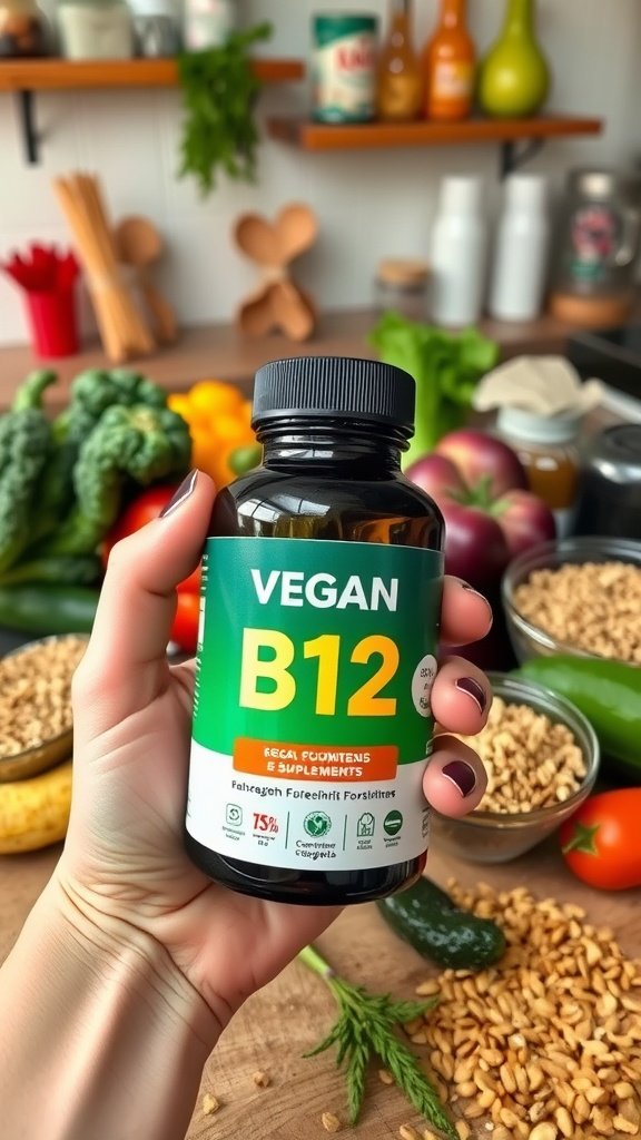 A vegan supplement bottle surrounded by various vegetables and grains.