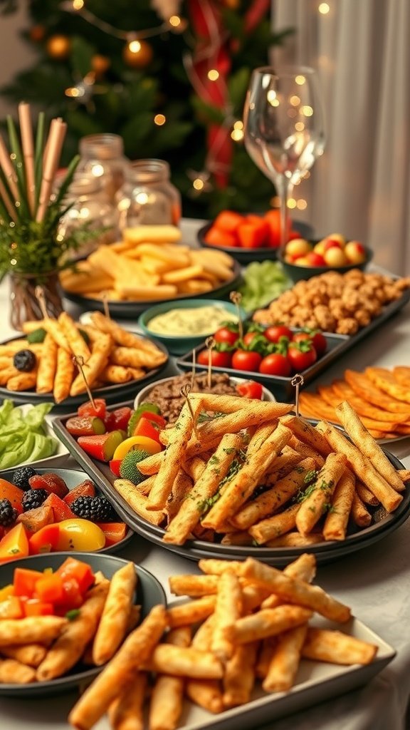 A vibrant array of vegan party snacks including fries, veggies, and dips