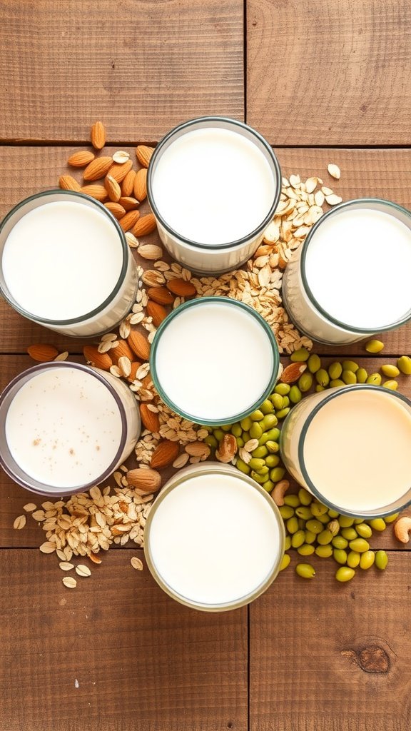 A colorful display of various plant milks and ingredients for a vegan kitchen.