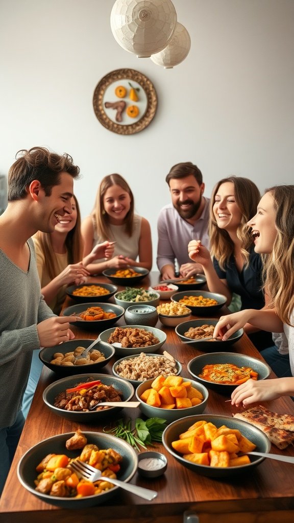 A group of friends enjoying a meal together with a variety of dishes.