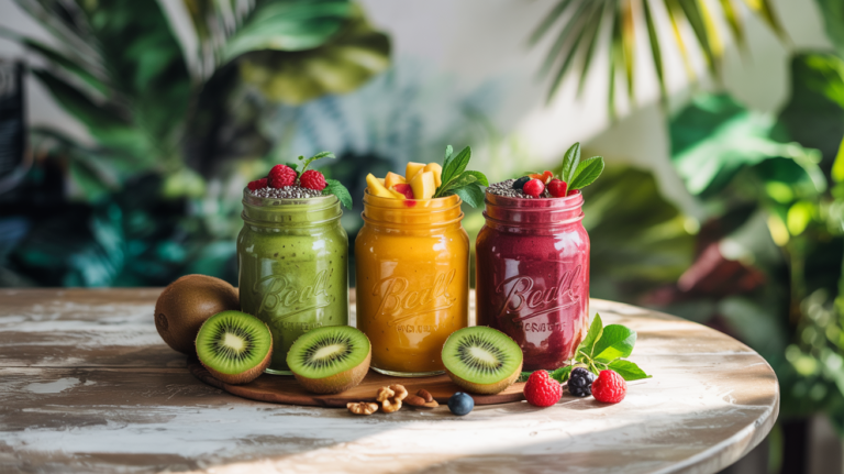 a group of jars of fruit and smoothies