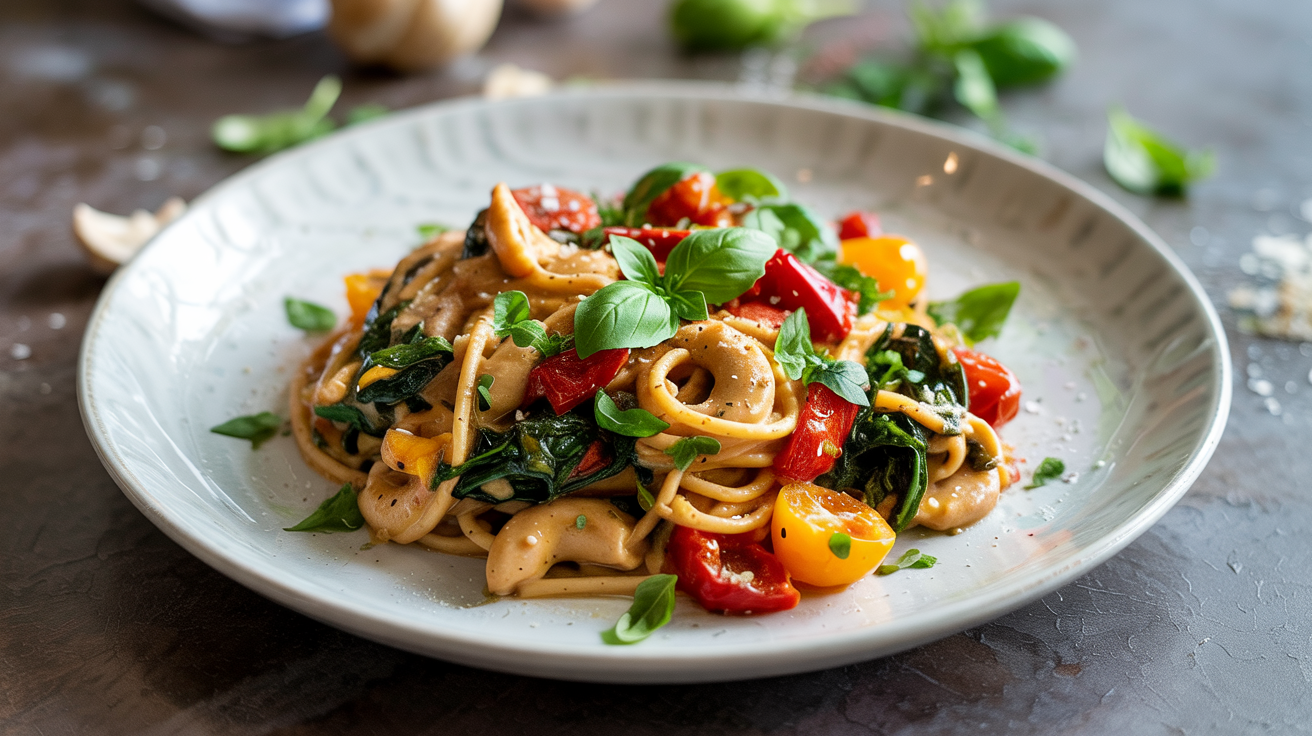 a plate of pasta with vegetables and sauce