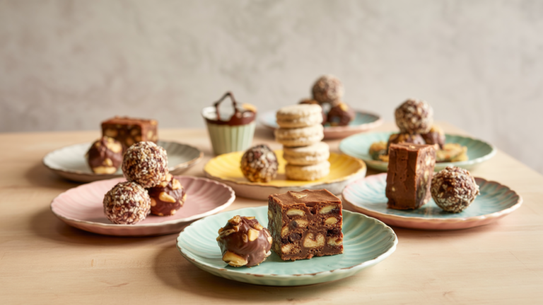 a plate of chocolate desserts