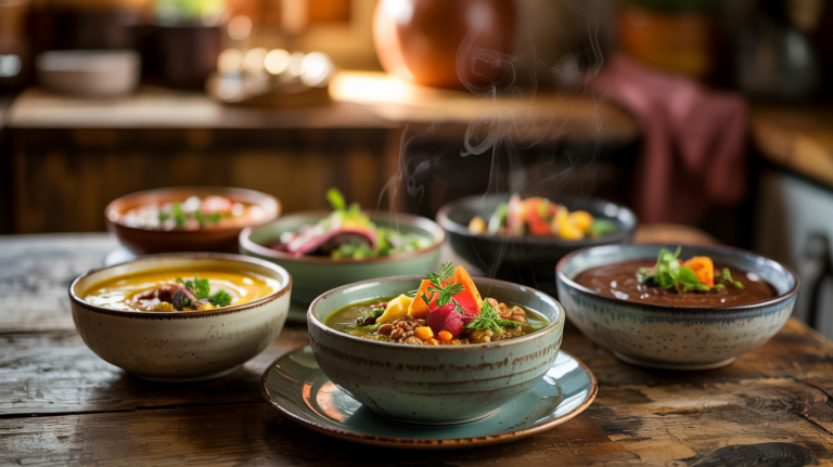 a group of bowls of soup