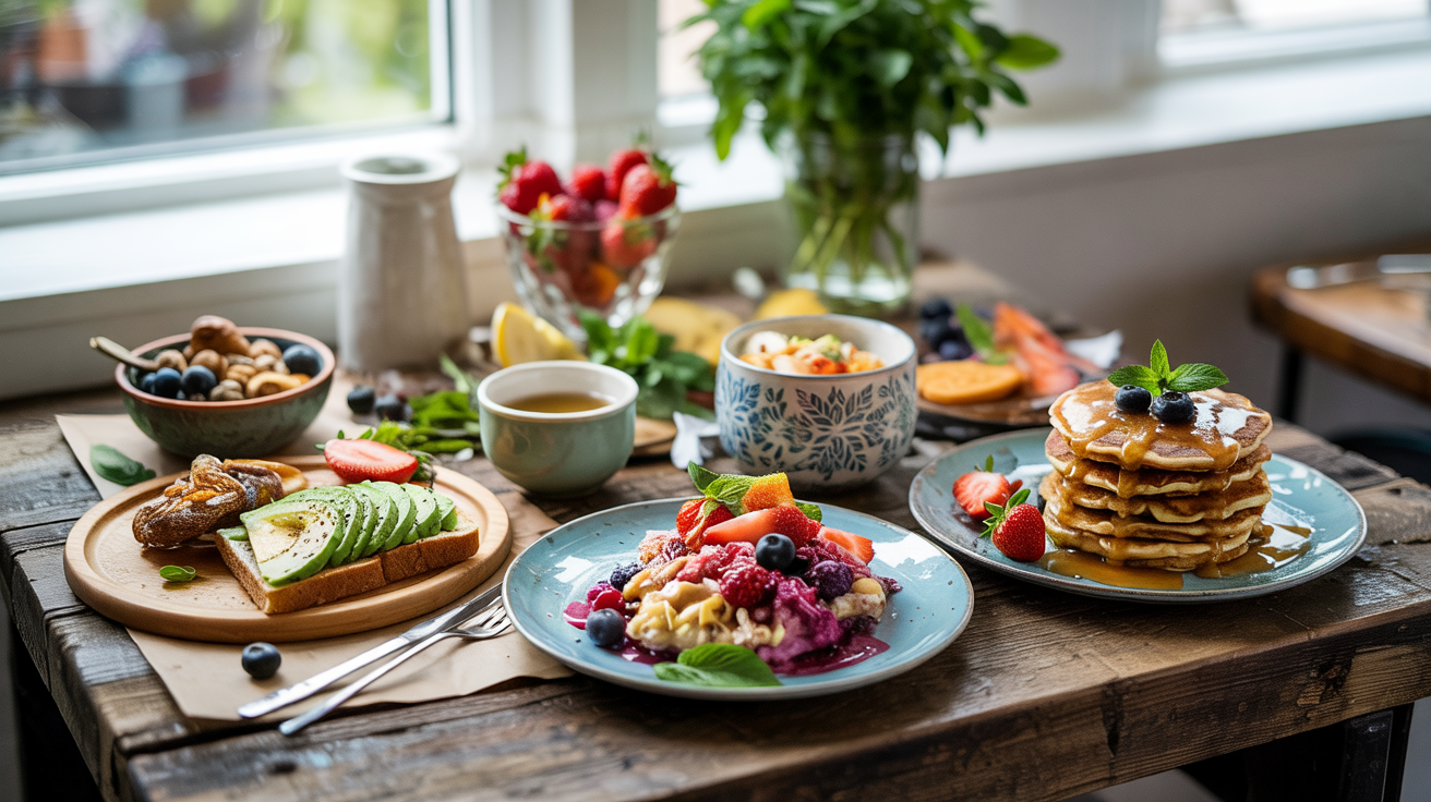 a table with plates of food and fruits