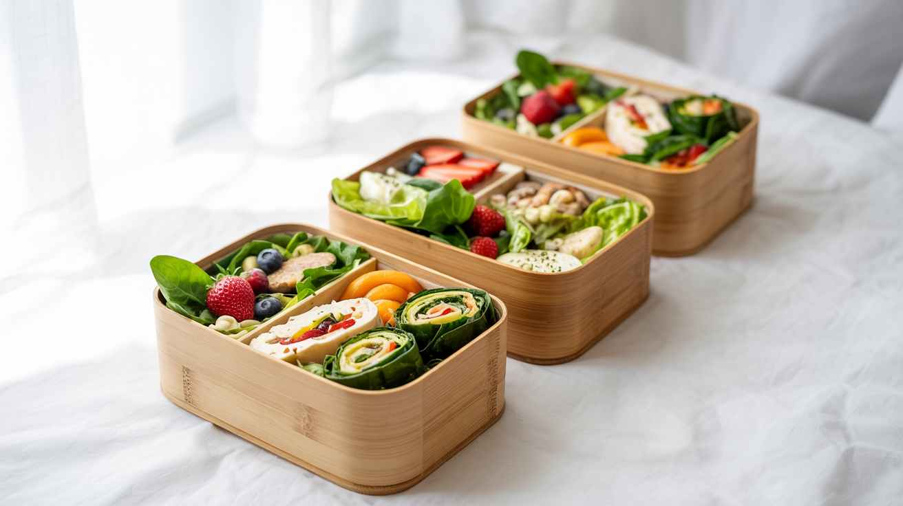 a group of wooden containers with food in them