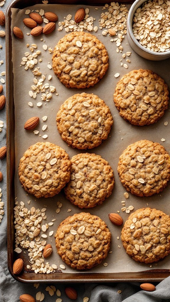 A tray of almond flour oatmeal cookies with oats and almonds scattered around.