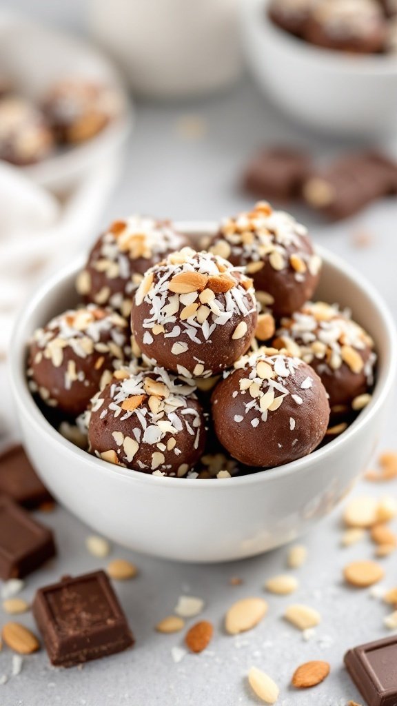 A bowl filled with almond joy protein balls topped with almonds and coconut flakes