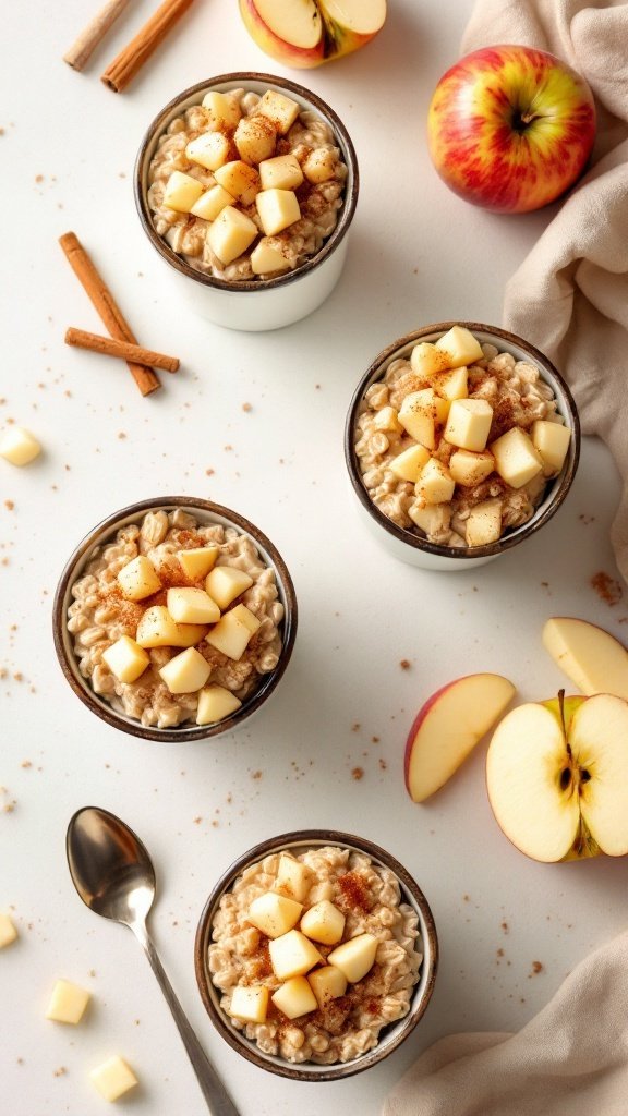 Four cups of apple cinnamon oatmeal topped with diced apples and cinnamon, surrounded by fresh apple slices and cinnamon sticks.