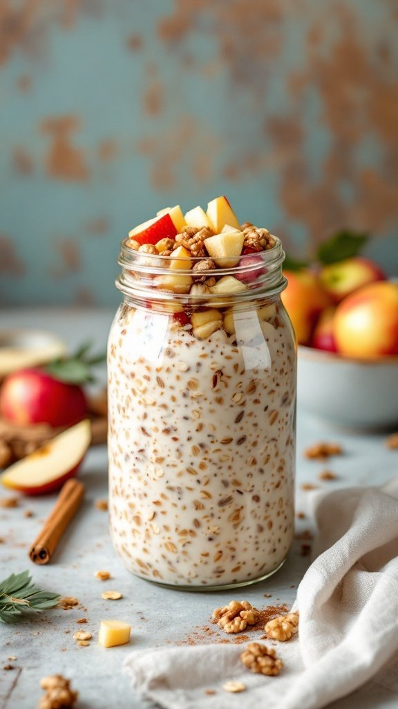 A jar of apple cinnamon overnight oats topped with diced apples and walnuts, with a rustic background.